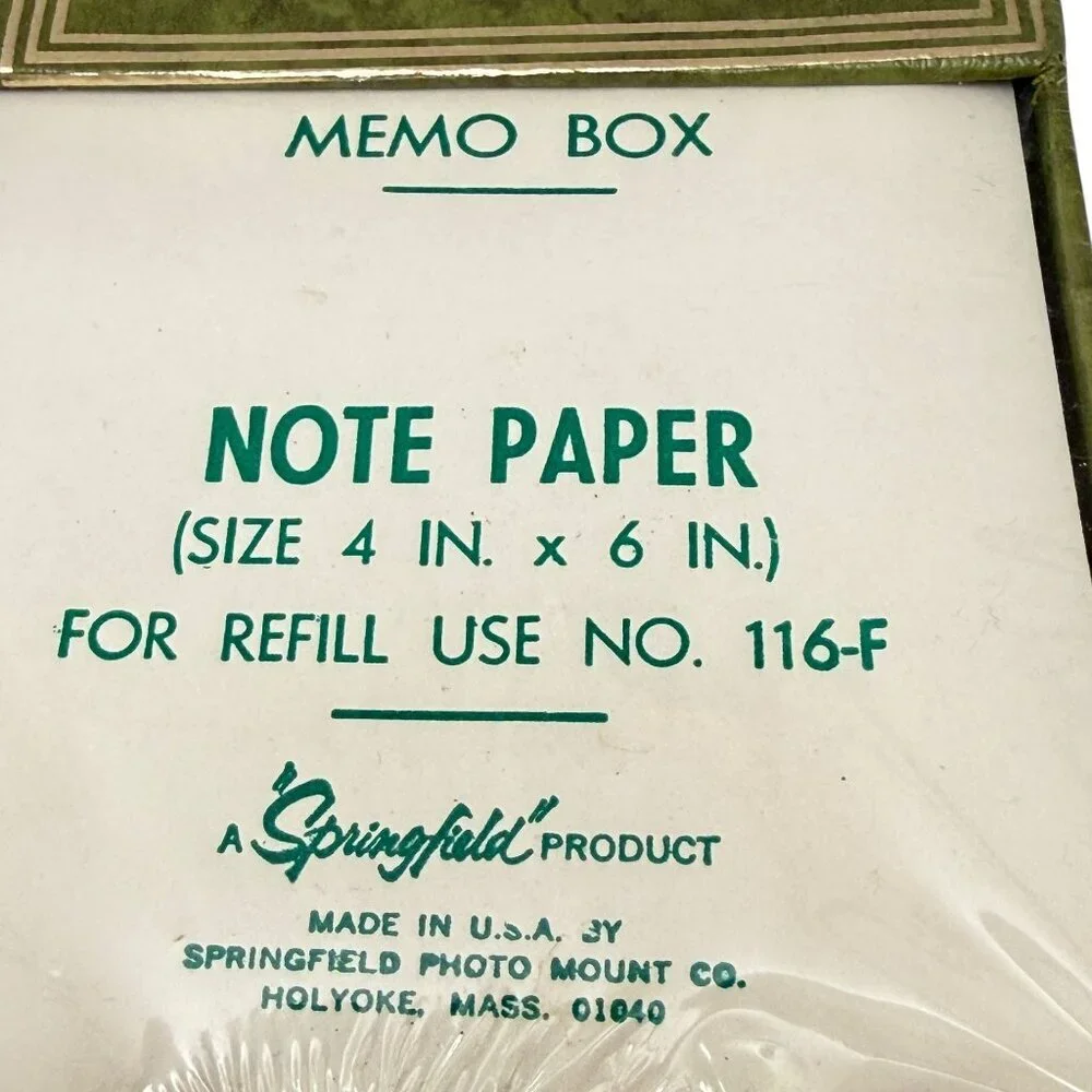Vintage Memo Box Note Holder Green Springfield Stationery 4x6 Desk Accessory NOS